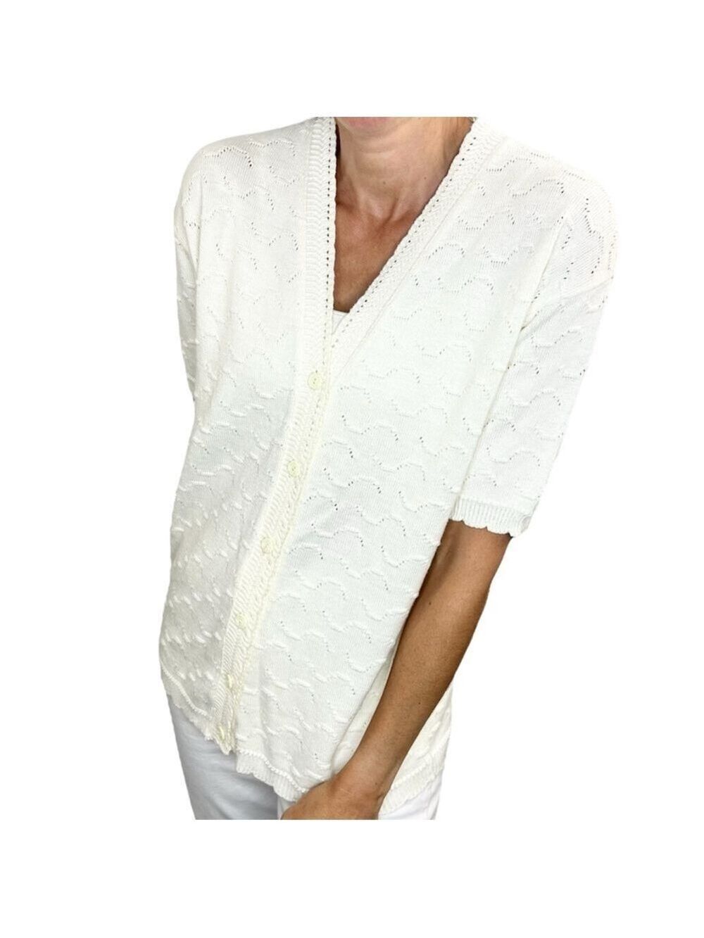 Vintage ivory short sleeve scallop button front cardigan sweater L